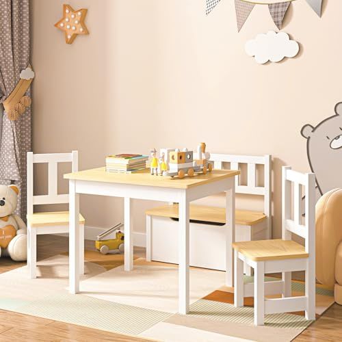 [en.casa] Set Mobili per Cameretta Composto di 1 Tavolo, 2 Sedie e 1 Cassapanca - Set Arredo in Legno con Sedute in MDF - Mobili a Misura di Bimbi - Bianco/Naturale