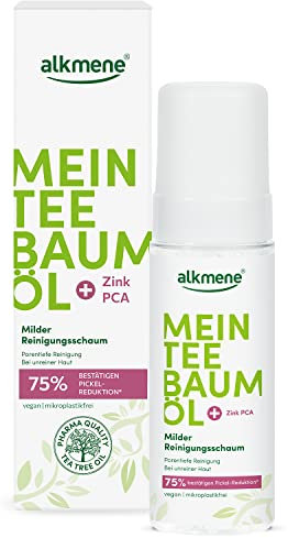 alkmene Mein Teebaumöl Reinigungsschaum Gesicht 150 ml Pickel Reduktion 75% bestätigt - naturreines Teebaumöl, vegan & klimaneutral - Gesichtsreinigungs Schaum für unreine Haut - Waschschaum