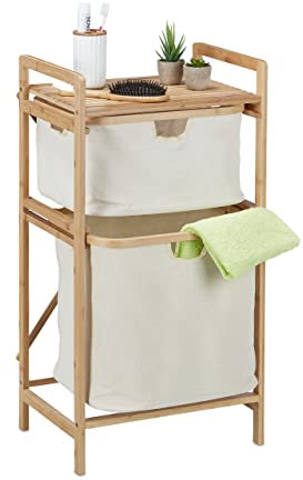 Relaxdays Wäschekorb Regal, Bambus, Wäschesortierer 2 Fächer, HBT: 85x44x33 cm, Badregal mit Wäschesammler, natur/beige