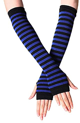 B-HOT Warmer Fingerless Gloves Stretchy Knit Thumb Hole Sun Protection Long Arm Stripe Glove Blue/Black