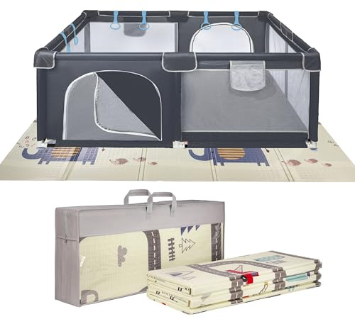 ONVAYA® Laufgitter mit faltbarer Spielmatte Motiv Straßenverkehr | Laufstall für Babys | 120 x 160 cm | Schutzgitter für Kinder | Rechteckiges Krabbelgitter | Absperrgitter | Babyzaun in Grau