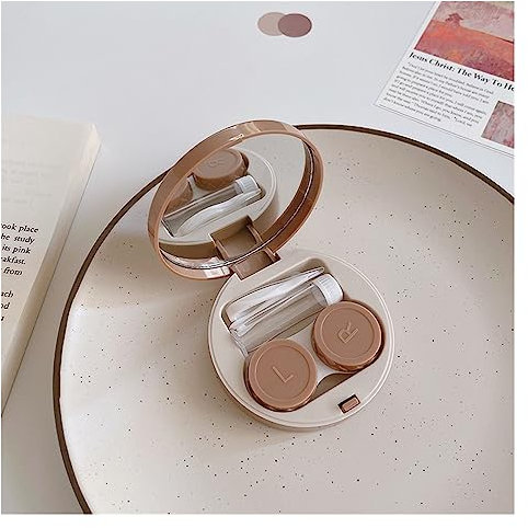 Kontaktlinsen Etui 1pc Kontaktlinsen Pflege Begleiter Fall mit Spiegel Nette Einfarbig Tragbare Runde Box Kosmetische Kontaktlinsen Lagerung Fall Kontaktlinsenbehälter (Color : Khaki)