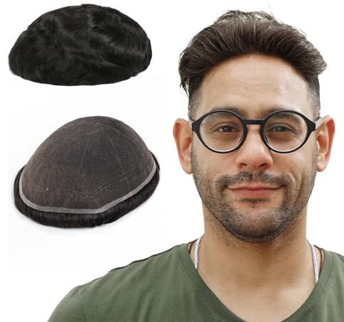 Lordhair Echthaar Toupet für Männer, 100% Echthaar Toupet Herren,Schweizer Spitzenhaarteil(Dünnes bis Mitteldichtes,Off Schwarz 1B#)