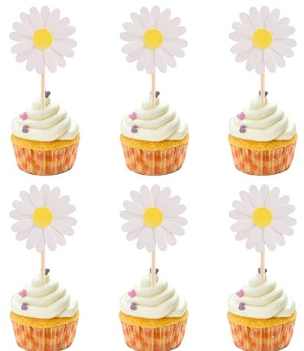 24Pcs Daisy Cupcake Toppers Flower Cake Topper Decorations Daisy Cake Decorations Chrysanthemum Cupcake Toppers Spring Daisy Flower Cake Picks for Birthday Wedding Supplies White