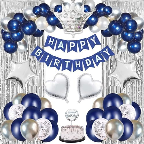 Decoraciones de cumpleaños azul marino y plateado, suministros de fiesta para hombres y niños, pancarta de feliz cumpleaños, fondo de cortina con flecos, globo de corona