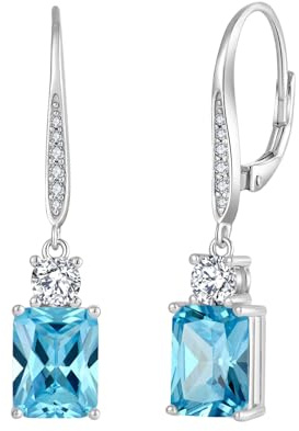 JO WISDOM Damen Hängende Ohrringe Ohrhänger Oval Silber 925 mit Smaragdschnitt 3A Zirkonia Kristall März Geburtsstein Aquamarin Farbe,Schmuck für Frauen Frau Mutter sie