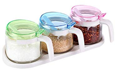 CYYHGD Gewürzbox-Set für die Küche – 3 Gewürzboxen mit separatem Griff – Gewürzbox, Glas, Gewürz, transparenter Vorratsbehälter – Menage mit Deckel und Löffel