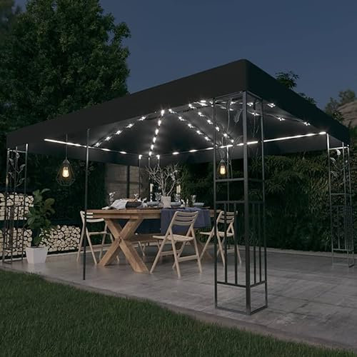 Homgoday Gazebo gazebo con doppio tetto e luci LED 3x4 m Antracite, Tenda di ricezione gazebo da giardino, Gazebo Padiglione da esterno, gazebo per campeggio, feste, barbecue