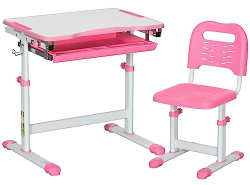 HOMCOM Banco Scuola per Bambini 6-12 Anni Regolabili in Altezza, Rosa