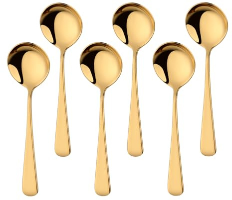 Buyer Star Suppenlöffel Edelstahl, Esslöffel 6 Stück Runde Dessertlöffel Besteck, 6,3 Zoll Edelstahl Löffel für Müsli Porridge Früchte Joghurt, Spülmaschinenfest (6, Gold)