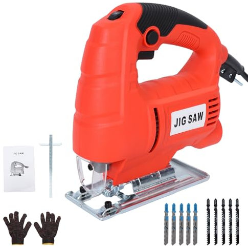 qorkhogr Sierra de calar, sierra de calar con cable con 10 hojas de corte, corte biselado ° a 45 y 4 ajustes orbitales para corte de madera, metal plástico, kit de herramientas eléctricas 3000 rojo