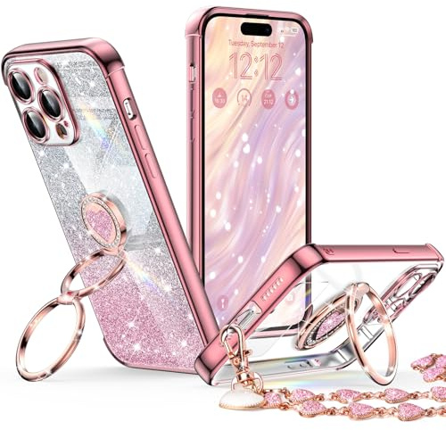 XYZ for iPhone 14 Pro Case with Stand, Phone Case with Double Ring Kickstand, Women Girls Bling Luxury Glitter Clear Phone Case Cover Heart for iPhone 14 Pro, Rose Gold