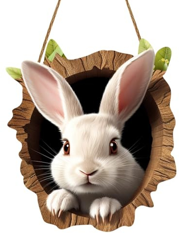 Osterdekoration TüRschild, HöLzerne Ostern Hase Loch TüRkranz, Osterhasen-Kaninchen-Kranz FüR HaustüRen, WäNde, Fenster, FrüHlingsdeko (P)