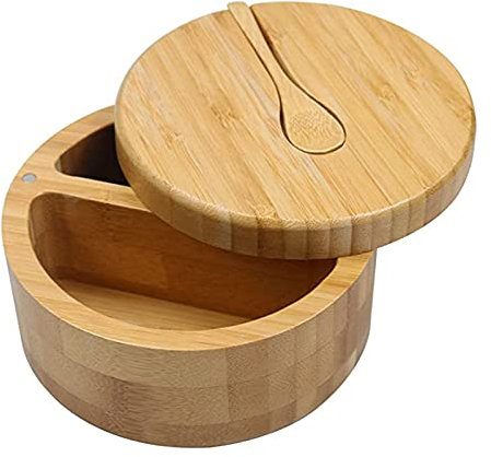 Swsdee Salero de Bambú Con 2 Compartimentos, Salero y Pimentero con Tapa de Rosca Magnética y Cuchara | Caja de Almacenamiento de Especias de Bambú | Doble Compartimento, a Prueba de Polvo