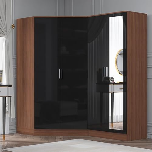 Reflect 2 Piece Wardrobe Bundle | 2 Door Corner + 2 Door Mirror | Black Gloss & Walnut Finish | H: 180cm x W: 179cm x D: 103cm | Modern Bedroom Furniture Storage Solution