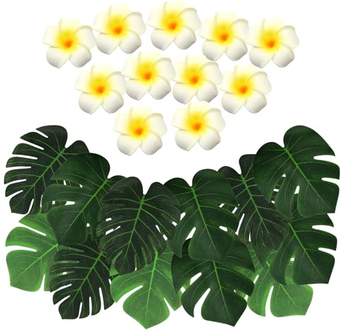 60 hojas de palma artificiales y flores de plumeria para decoración de fiestas tropicales, hoja de Monstera verde con flor de plumeria para decoración de mesa hawaiana Luau fiesta, verano, playa, Tiki