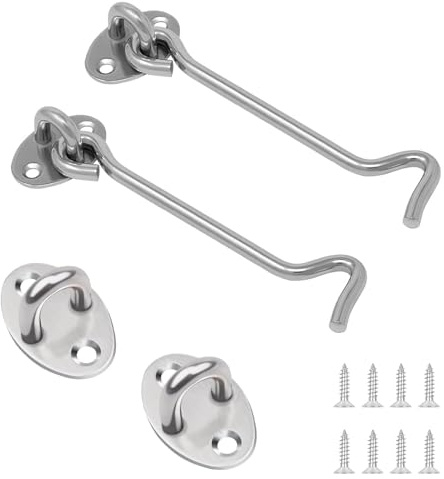 MejaRizon Ganchos de tormenta de 8 pulgadas (200 mm), 2 ganchos para tormentas de acero inoxidable, ganchos para tormentas con ojal, pestillo para puerta de jardín con tornillos, cerradura para puerta
