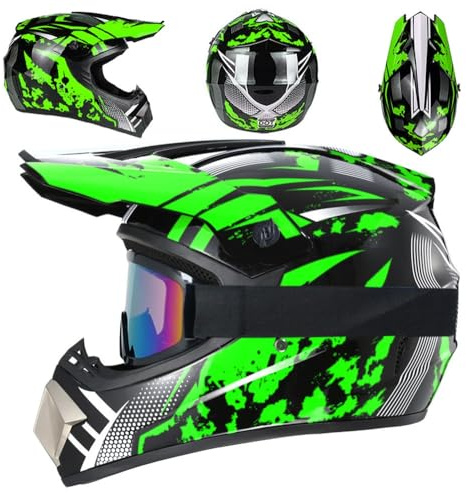 Kid Motocross Helmet, with Goggles Mask Gloves, Full-Face Off Road MX Motorcycle Helmet for 6-18 Years Old Dirt Bike ATV Scooter MTB BMX Downhill Quad Bike Enduro Racing Helmet, DOT Approved(905 Green