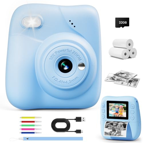 CAMCLID Kids Camera Instant Print, 1080P HD Kids Instant Camera with 32G Card & 3 Rolls Print Paper, Portable Toddler Toy, Christmas Birthday Gifts for Boys Girls Age 3-12 (Blue)