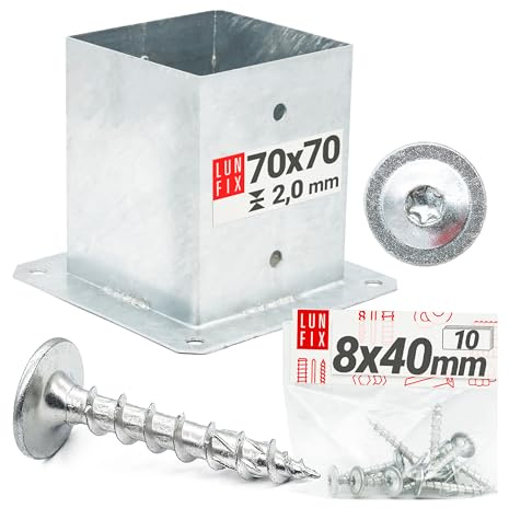 Pfostenträger 70x70 mm mit Schrauben (10 Stk.) 8x40 mm – Aufschraubhülse für Holzpfosten, Bodenhülse, Pfostenschuh, Balkenschuhe, silberfarben, feuerverzinkt, Lun Fix