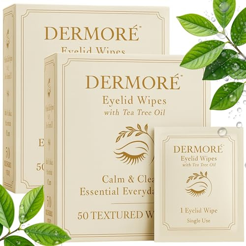 DERMORE Eyelid Cleansing Wipes | Tea Tree Eyelid Wipes | Premium Care for Dry & Itchy Skin | Individually Wrapped Refreshing & Daily Hygiene Wipes | Preservative-Free with Chamomile and Aloe - 100 Pcs