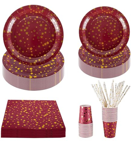 CEILIWEN 125PCS Red & Gold Stars Party Tableware Set - 9'' & 7'' Foil Paper Plates, Napkins, Cups & Straws - for Christmas, Birthday, Wedding, Graduation, New Year (Red & Gold Stars)