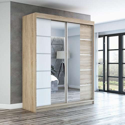 A&J MöbelLand Schwebetürenschrank ERA Kleiderschrank 2-türig mit Spiegel, Garderobe 160 cm (Sonoma/Weiß/Sonoma)