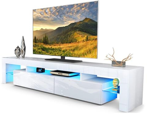 Panana Modern TV Unit Stand Cabinet High Gloss Front Matt Body with RGB LED Lights, 160 x 35 x 45 cm (White)