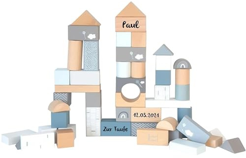 Mainely Personalisierbare Holz-Bausteine 50-teilig (Blau) – zur Taufe – fördert Feinmotorik & Kreativität – für Kinder ab 2 Jahren – personalisiert mit Namen & Taufdatum – Label Label