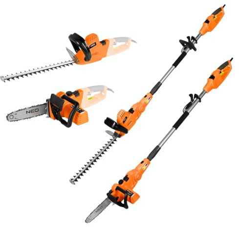 NEO TOOLS 2in1 Multifunktions-Gartengerät, Hochentaster | 25cm Schwert) & Teleskop-Heckenschere (550W, 46cm Blatt, SDS Kettenschnellspannung, Schultergurt, Für hohe Äste und Hecken