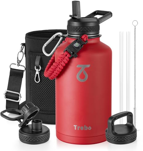 Trebo Borraccia Termica, Borraccia con Cannuccia Borraccia acciaio inox fredda per 48 ore Borraccia Termica Bottiglia in Metallo con Manico in Paracord, 1893 ml, Rosso
