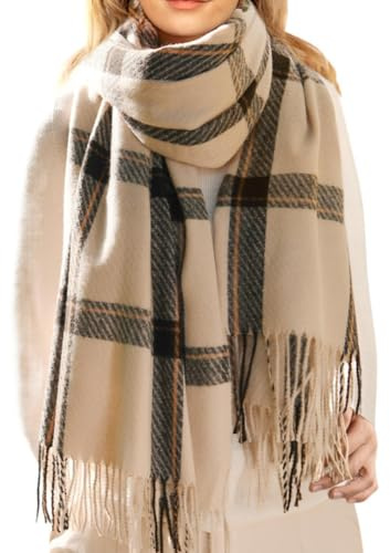 Mocasor Plaid Blanket Scarves for Women, Ladies Fashion Winter Warm Tartan Oversized Long Checked Shawls and Wraps (Beige Black)
