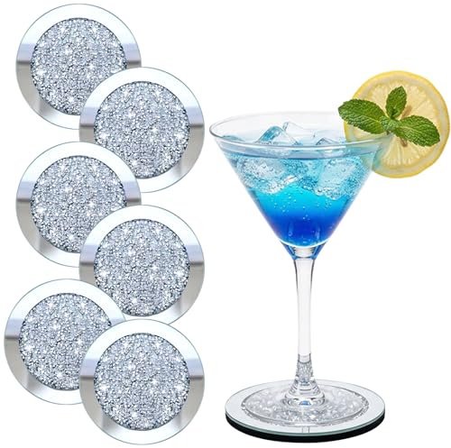 Gkhlg 6 Pack Glass Coasters Bling Crushed Diamond Silver Table Coasters for Home Kitchen Living Room Office Decor Cup Mats Coaster Sets