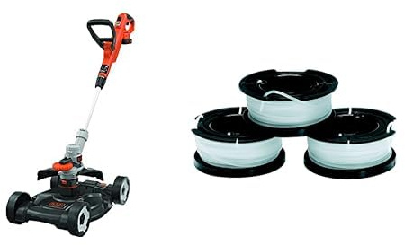 BLACK+DECKER STC1820CM-QW Outil 3 en 1 : Coupe-Bordures, Dresse-Bordures et Tondeuse sans Fil, Rouge Orangé, 28 cm & A6485-XJ Lot Reflex 3 bobines de 10 mètres de Fil, Blanc, 1,5 mm