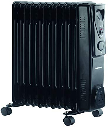 Daewoo 11 Fin 2500W Portable Oil Filled Radiator Heater with Thermostat & Wheels