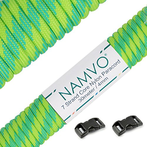 Namvo Paracord 4mm,100ft, Paracord 550 7Core, Fluorescent Paracord, Tear Resistant, 100% Nylon, Versatile Type III Specification, Holds 250kg, Ideal for Outdoor Survival Camping，green + blue