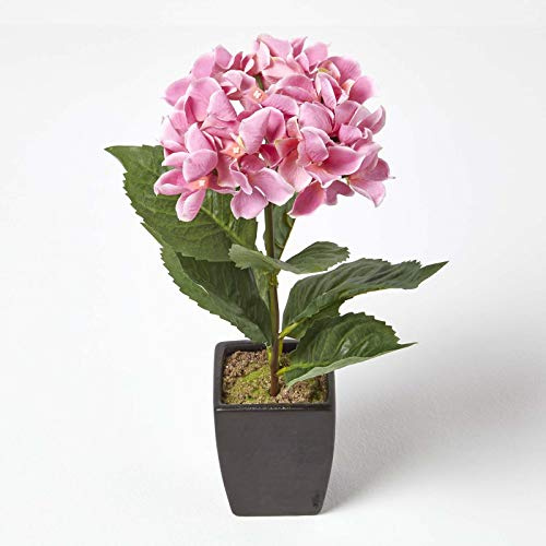 Homescapes - Ortensia artificiale in vaso nero opaco, altezza 28 cm, colore: Rosa