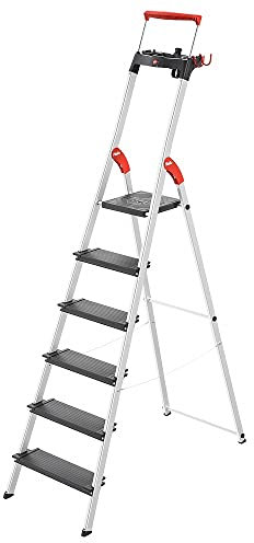 Hailo L100 Topline Alu-Sicherheits-Stehleiter - 6 XXL-Stufen bis 150 kg - Stehleiter mit ausziehbarem Haltebügel, Plattformverriegelung - viel Zubehör - klappbare Aluleiter Made in Germany - schwarz