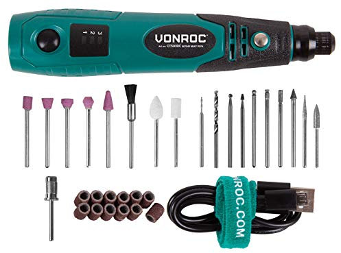 VONROC Outil Multifonction Rotatif Sans Fil 4V – 31 Accessoires Inclus – 3 Vitesses, Lampe LED Intégrée, Recharge USB – Pour Graver, Polir, Poncer, Percer & Couper – Ultra Compact et Léger – CT503DC
