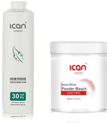 ICAN LONDON PROFESSIONAL CREAM PEROXIDE 30 VOL 9% 1000 ML + WHITE POWDER BLEACH (JAR)500 G SET