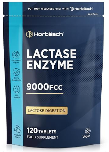 Lactase Enzyme Tablets 9000 FCC | Lactose Digestion | 120 High Strength Vegan Tablets | Food Supplement | by Horbaach