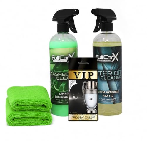 AutoFullCar – Kit Limpieza Interior Coche FullCarX Especial Fumadores - Limpia Salpicaderos 750ml - Limpia Tapicerías Textil 750ml - Ambientador Inspirado en Perfume - 2 Bayetas Microfibra
