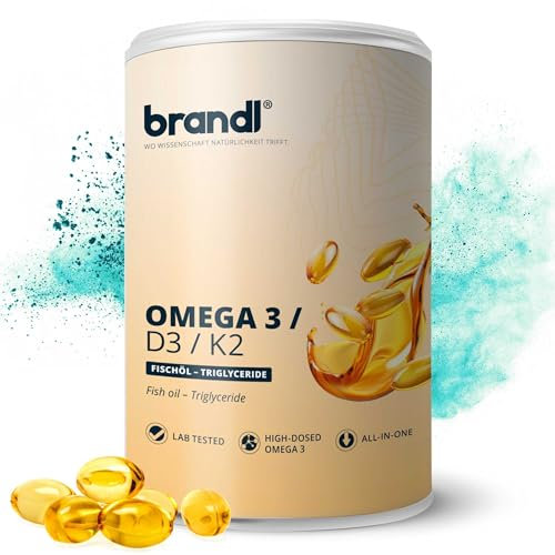 Vitamin D3 K2 Omega 3 Premium Kapseln | brandl Made in Germany mit Fischöl Omega 3 aus der EU | Optimiert für Sportler | 120 Kapseln