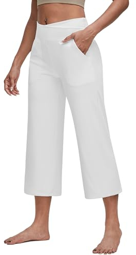 G4Free Yoga Capribyxor för kvinnor vida ben yogaklänning kors arbetsbyxor med fickor, Vit-d016, XL