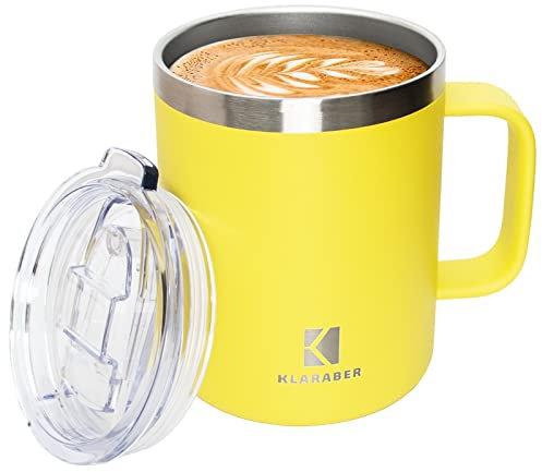 Thermobecher mit Henkel, 350ml Isolierbecher mit Griff und Deckel, Thermo Kaffeebecher to go, Doppelwandiger Edelstahltasse, Vakuumisolierung, Spülmaschinenfest (Gelb)