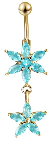 Lieson Navel Bar, Belly Button Piercing Surgical Steel Belly Bars Dangly Purple/White/Blue/Pink Cubic Zirconia Flower Navel Piercing Jewellery