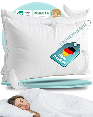 BEFA NATUR Made in Germany Daunenkissen 40x80 cm aus 60% Daunen und 40% Federn, Allergiker geeignet (Nomite), Öko-Text 100 Klasse 1 Zertifiziert, EN Standart 12934, Downpass (2 Stück)