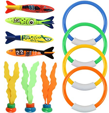 IOPJLK Unterwasser Tauchspielzeug Set 11 Stück, Tauchringe für Kinder ab 4-12, Tauchring Algenspielzeug Torpedo Wasserspielzeug Set, Sommer Poolparty Geschenk für Jungen und Mädchen