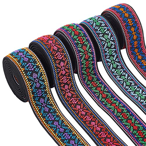 BENECREAT Elastisches, gewebtes Jacquardband, 4,5 m, 5 Farben, Boho-Elastikband, 2,5 cm, ethnisches Band für Bastelzubehör, Verzierungen, Dekorationen