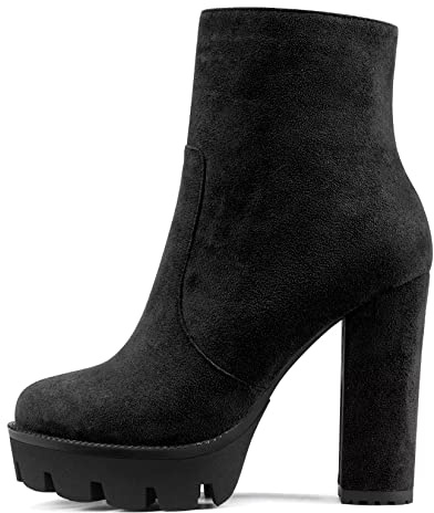 NobleOnly Femmes Bloc Chunky Haut High Plate-forme Talon Heel Rond Bout Bottines Fermeture à Glissière Party Classique Bottes Noir 44 EU